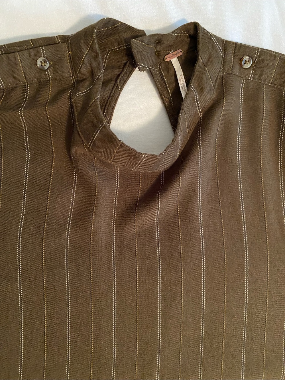 Free People Button Shoulder Long sleeve Blouse Olive Green Pinstripe Peplum Back - Picture 3 of 14